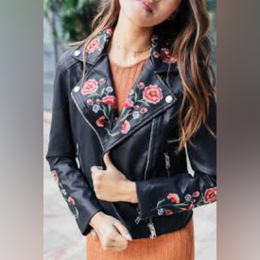 Forever 21 Black Faux Leather Moto Jacket with Pink Floral Embroidery